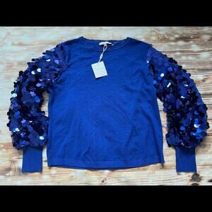 Sioni Mixed Media Ribbed Sweater w/ Puff Sleeves & Sequins detail Size XL